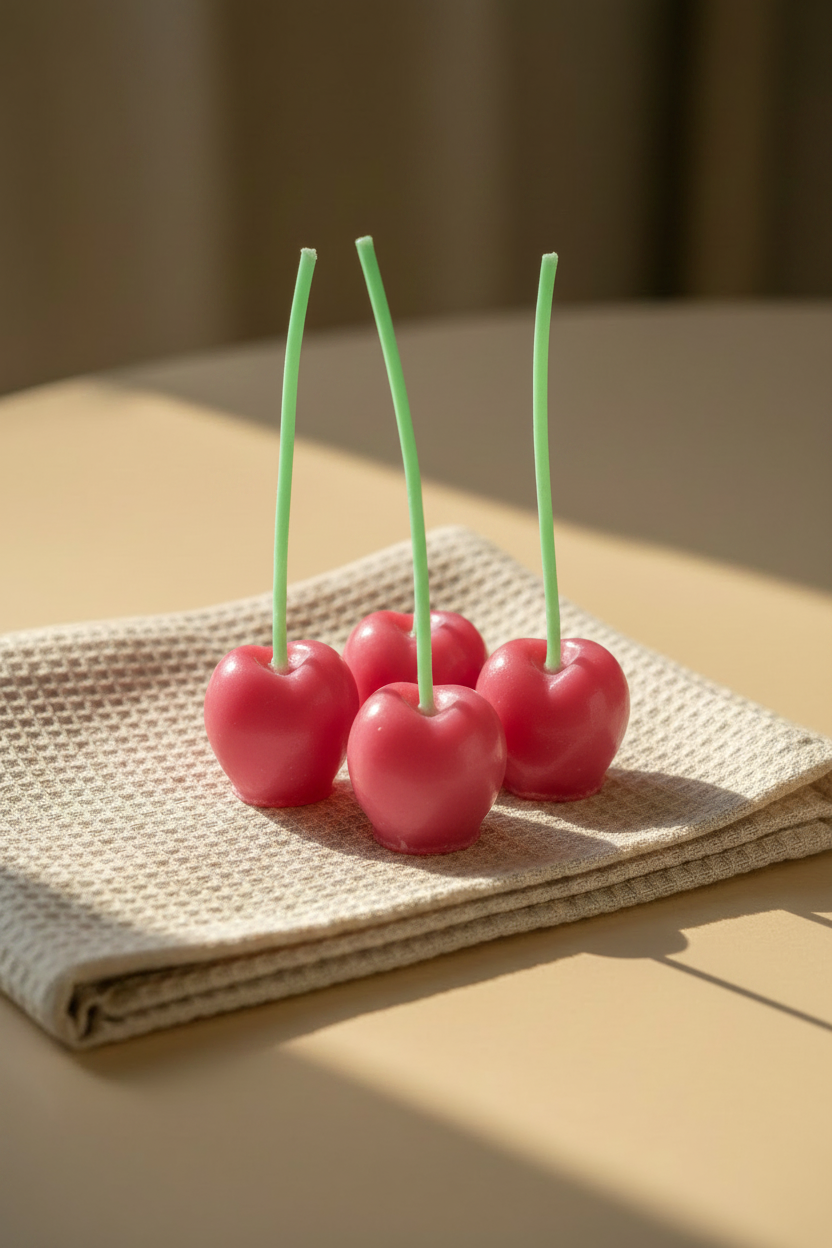 Heart-shaped cherry candles on linen