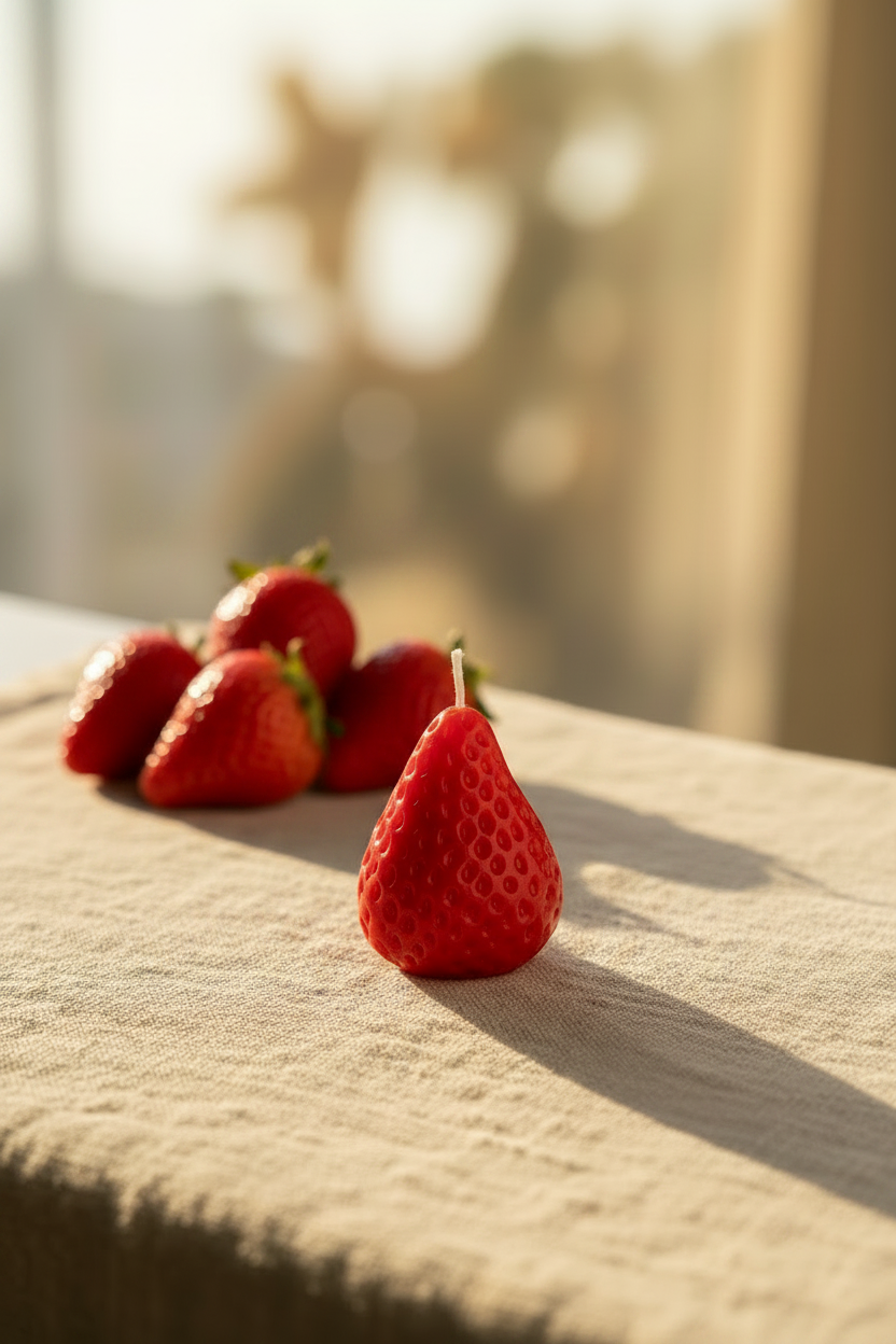 Strawberry candle hero shot with background strawberries
