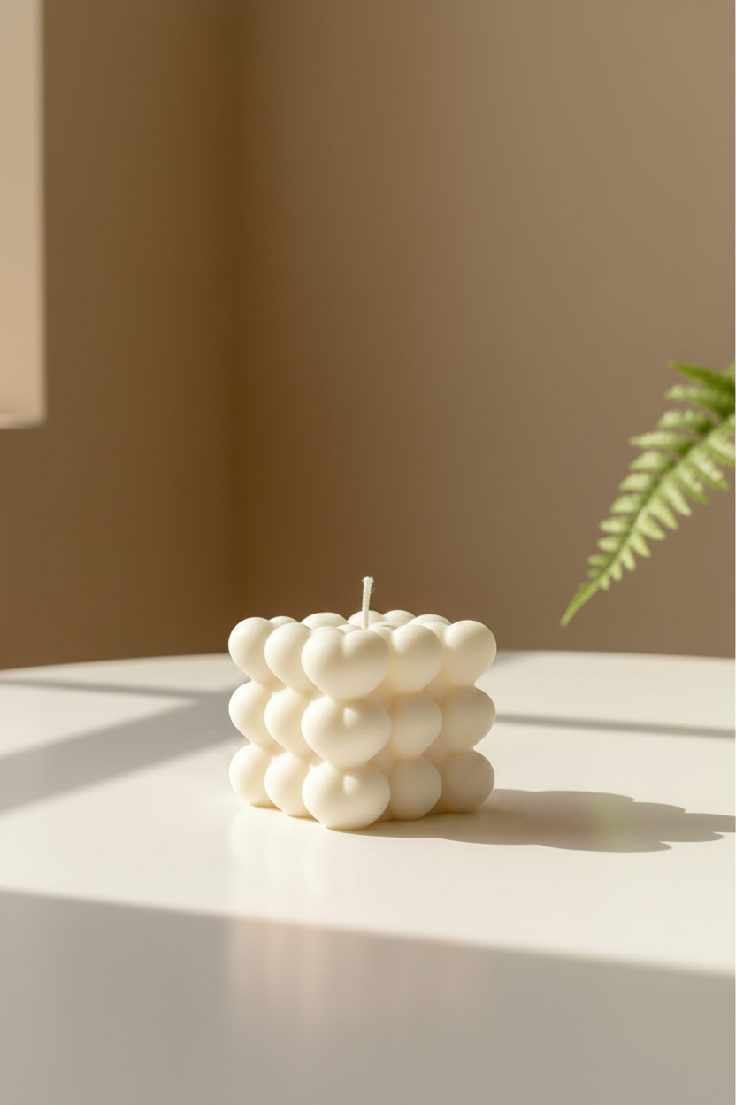 White bubble cube candle beige background
