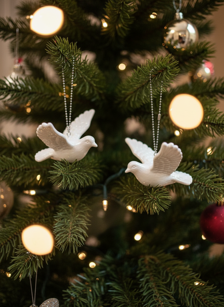 Білі голуби на ялинці - вид збоку