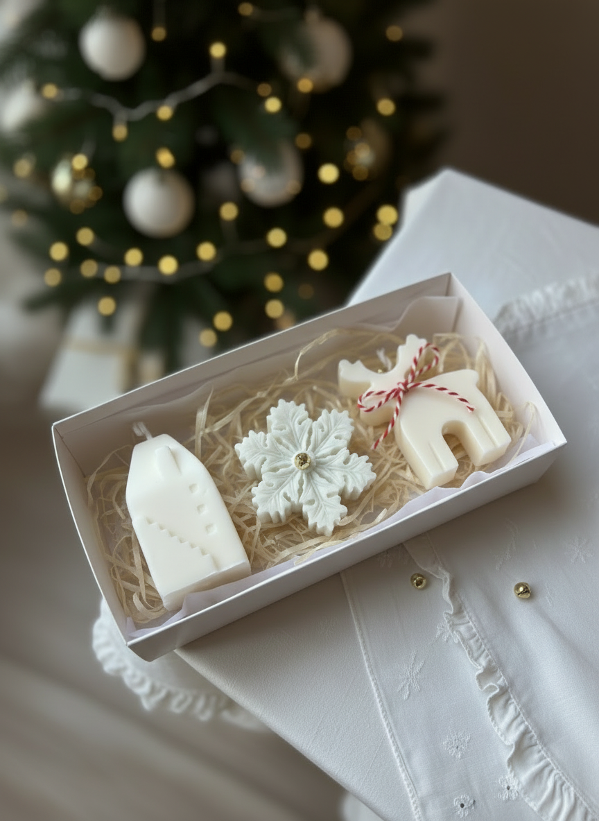 Candle gift box with reindeer with red-white ribbon