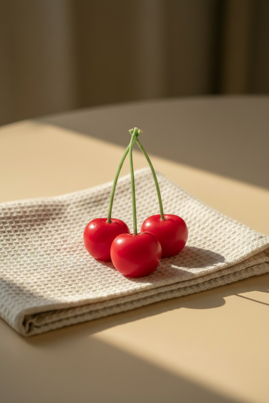 Cherry candles on linen background