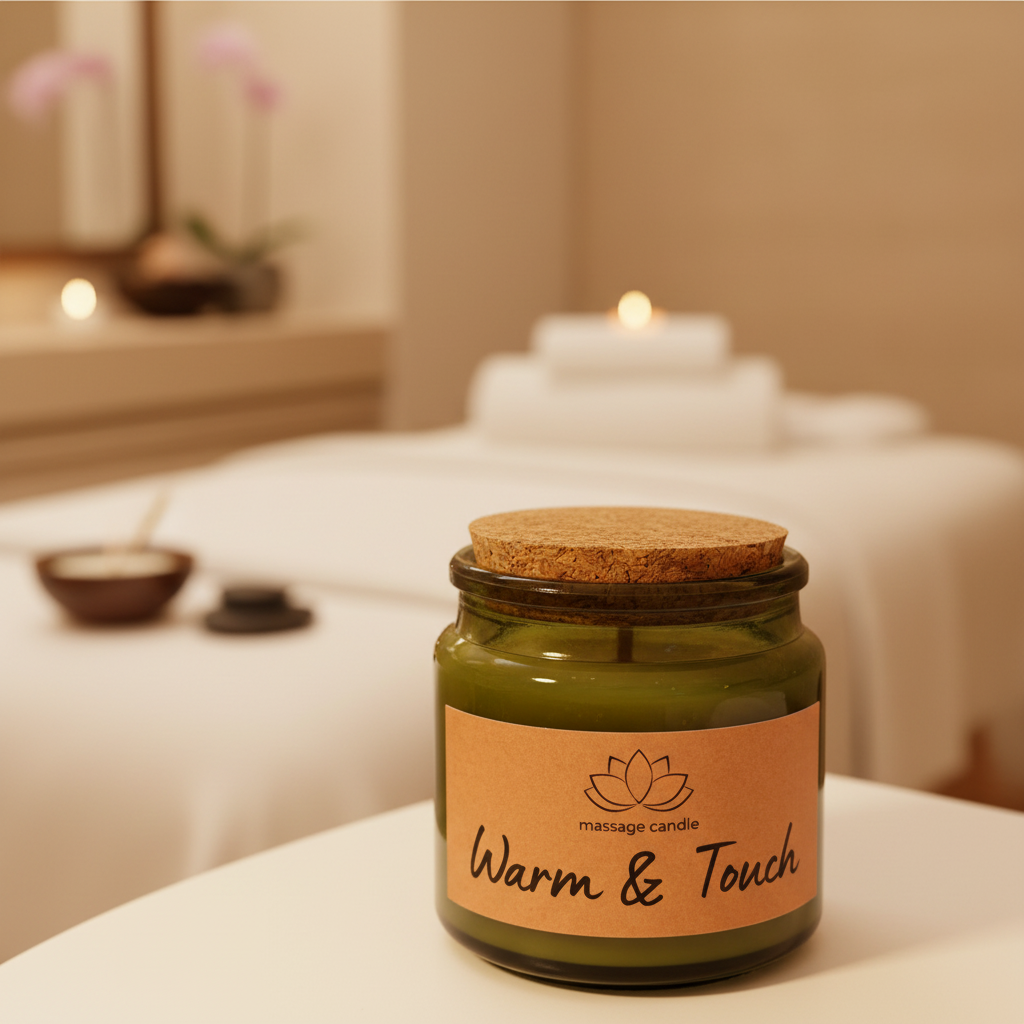 Massage candle hero shot with spa background