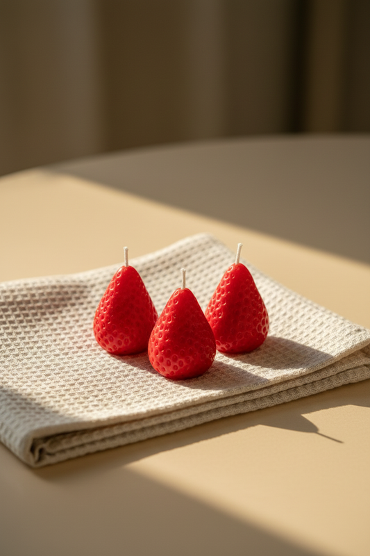 Multiple strawberry candles on beige linen