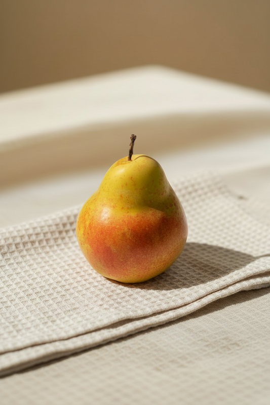 Pear candle on waffle linen background