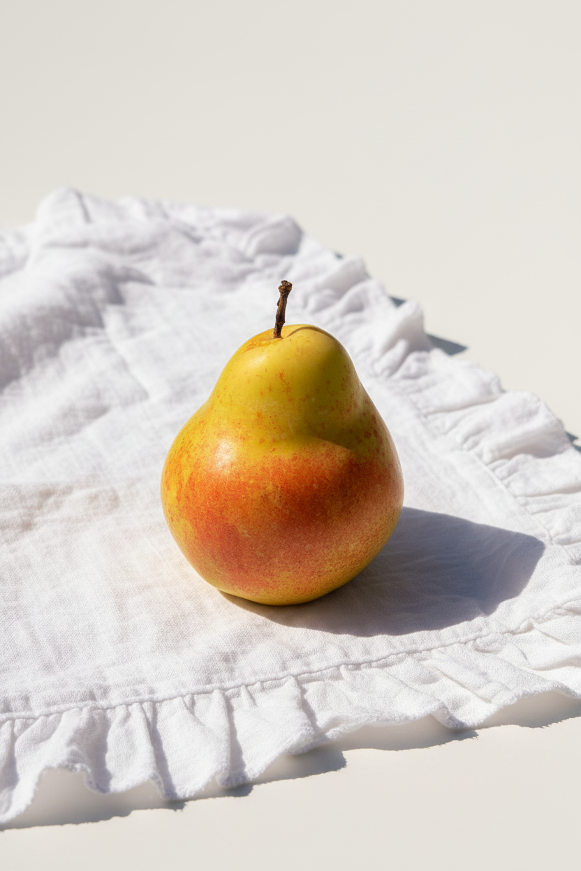 Pear on white ruffled fabric